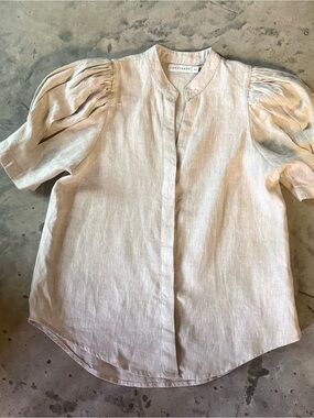 Lanhtropy Puff Bubble Sleeve Button Pure Linen Top Minimalist in Natural Beige